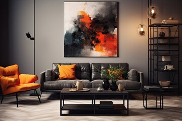 Wall Mural - Template for modern home decor with a domestic interior living room featuring a modular sofa design, a sleek black coffee table, a stylish lamp, a comfortable armchair, tasteful decoration pieces