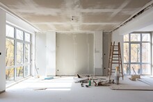 The Construction Project Includes The Installation Of Plasterboard, Specifically For Gypsum Walls, In An Apartment That Is Undergoing Various Processes Such As Construction, Remodeling, Renovation