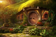 Hobbit Or Dwarf House. Ai Art. Fairy Forest