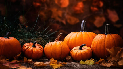 Wall Mural - Pumpkins and fallen leaves. Autumn background. AI generated