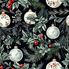 christmas ornaments and decoration seamless pattern, holiday christmas tree baubles, tileable countr
