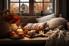 The Cozy Autumn Vibe Is Captured In This Concept, With The Feeling Of Warmth And Comfort In The Cold Weather. A Still Life Scene Is Created With Pumpkins, A Wicker Basket, Candles, And Flowers