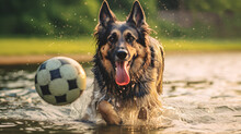 German Shepherd Dog With Ball In Water