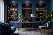 © 2rogan - Sophisticated and stylish, the home office interior is designed in a deep shade of blue, exuding elegance. Tailored specifically for a cosmopolitan businessman, it features exquisite furniture and a