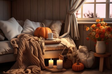 Canvas Print - The cozy autumn theme is the idea of finding warmth and comfort at home during cold weather. It is portrayed through a still life scene that includes a blanket, pumpkins, flowers, and a coffee table