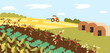 Veggies growth in farmland concept. Farming and agriculture. Tractor near field with natural and organic products, fruits and vegetables. Rural landscape. Cartoon flat vector illustration