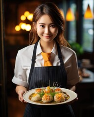 Wall Mural - Young waitress presents a dish with Ramen - food photography