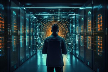 man silhouette standing server room corridor, futuristic orange lighting, data center concept, generative ai