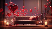 Valentines Day Hearts Red Sofa In The Living Room