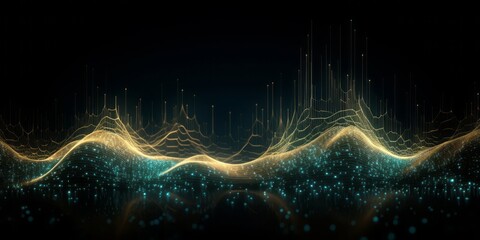 Fototapete - Abstract Graph of Waves in Light Cyan and Gold on Dark Background, Creating a Futuristic Panorama with Bokeh Elements, Infinity Nets, and Confetti-Like Dots