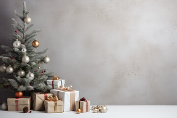 Wall Mural - Minimalistic light Christmas interior, with a light grey empty blank wall and a decorated Christmas tree on the side. Creative banner greeting card Happy New Year mockup. 