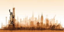 Silhouette Of New York City Skyline, Including Statue Of Liberty, Times Square, Empire State Building, And Central Park, Rendered In Leonardo Da Vinci And Architect Technical Drawing