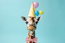 Creative Animal Concept. Giraffe In Party Cone Hat Necklace Bowtie Outfit Isolated On Solid Pastel Background Advertisement, Birthday Party Invite Invitation