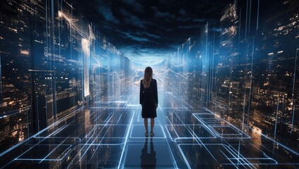 business woman standing in the middle of a large data center Generative AI