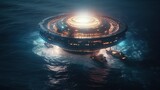 Fototapeta Sport - Alien spaceship floating in ocean. Extraterrestrial fantasy spaceship. Generative AI