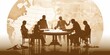 © Ben - Silhouette of Business People Around Office Table Engaged in Conversation, Rendered in Leonardo da Vinci and Architect Technical Drawing Styles, Wearing Modern Business Outfits
