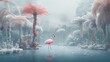 Surreal landscape with pink flamingo on island. Generative AI
