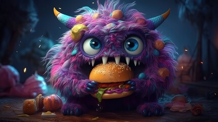 Wall Mural - Cartoon fluffy monster eating burger. Close-up. Generative AI