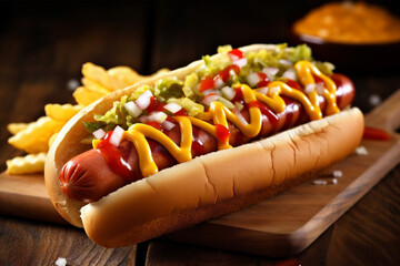 dog yellow food background bread meat american sausage hot sauce fast. Generative AI.