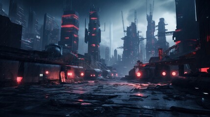 loading screen scene of a city in cyberpunk style red and black colors