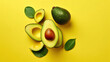 Minimal composition with leaf and halved nutrient dense avocado fruit slices full of heart healthy monounsaturated fat on bright yellow background with copy space for text. Generative AI