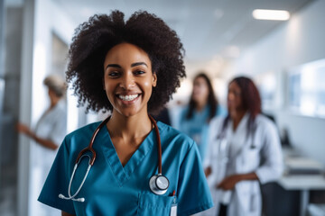 Wall Mural - female doctor smiling and standing in a corridor. she is likely to be working at a medical instituti