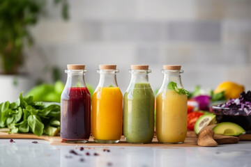 Wall Mural - several bottles of healthy natural salad dressings on tray on table