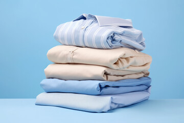 Wall Mural - neat stack of white and blue shirts, along with other garments, hanging on table. Image exudes sense of order and style, as shirts are arranged in balanced and visually pleasing manner