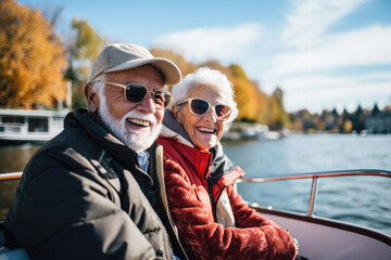 portrait of active senior couple spending time outdoors traveling on water.