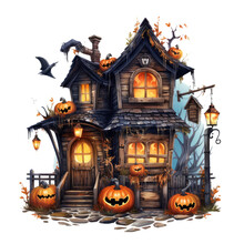 Watercolor Creepy Halloween Witch's Cottage Hidden Deep Within A Swamp, Overgrown With Gnarled Roots, Bioluminescent Insects Illuminating The Night, A Lone Crescent Moon Creating, Generative Ai
