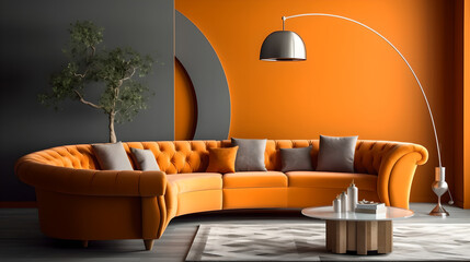 Wall Mural - Modern living room interior in orange color. Orange color living room interior with luxury sofa