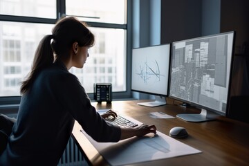 An architect works on a computer on a project of a modern building while working in the office