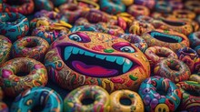 Donut Monster With Teeth. Colorful Donuts. Close-up. Generative AI