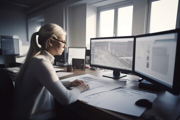 Wall Mural - An architect works on a computer on a project of a modern building while working in the office