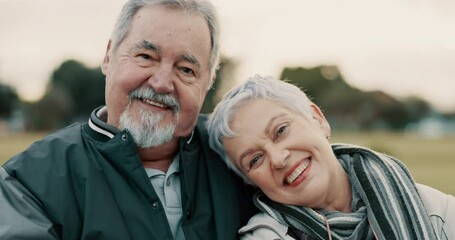 Wall Mural - Face, love and smile with a senior couple outdoor in a park together for a romantic date during retirement. Portrait, happy or care with an elderly man and woman bonding in a garden for romance