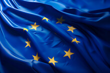 The Flag Of The European Union On The Background Of The Sky. The Flag Flutters In The Wind. AI Generated.
