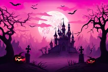  Halloween Scene Horror Background With Creepy Pumpkins Of Spooky Halloween Haunted Mansion Evil Houseat Night With Full Moon |  Generative AI