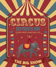 Vintage Circus Poster Featuring An Elephant Trainer And A Performing Elephant,circus Tend, With Grunge Texture.circus/carnival/fairground Birthday Invitation Card Template Design Vector/illustration	
