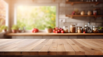 wooden table on blurred kitchen bench background. empty wooden table and blurred kitchen background
