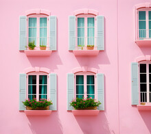 Window Wooden Shutters On Pastel Pink Tones, Painted Walls, Background, Pale European Style. Generative AI