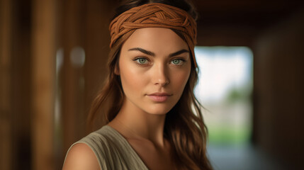 A woman with a headband made from recycled materials wearing a dress made from sustainable bamboo fabric. 