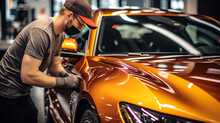 A detailer wearing protective goggles and polishing a car