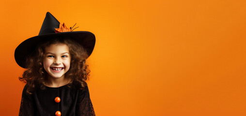 Wall Mural - Cute Young Girl Dressed as a Witch for Halloween on a Orange Banner with Space for Copy