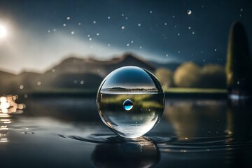 A beautiful house, perfectly miniature, nestled within the delicate droplet of a water