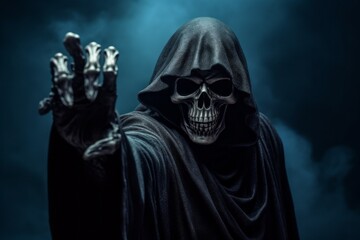 Death or Grim reaper reaches out to the person and approaches. The concept of fears and phobias. Halloween concept.