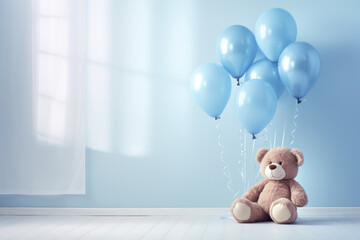 teddy bear with blue balloons in the bright room