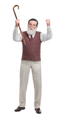 Poster - Senior man with walking cane on white background