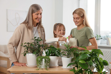 Wall Mural - Three generations. Happy grandmother, her daughter and granddaughter watering houseplants at home