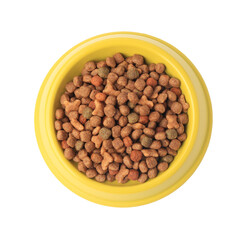 Canvas Print - Dry pet food in feeding bowl isolated on white, top view