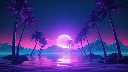 Sticker - tropical sunset with trees vaporwave